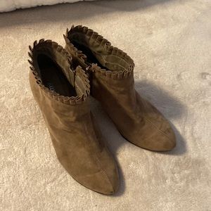 Taupe kid boots with ruffled top in faux suede